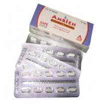 White background image of ambien 10mg tablets pack and front and backside view of pills