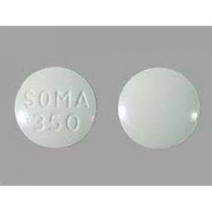 Grey backgrounded image view of rounded soma 350mg pill
